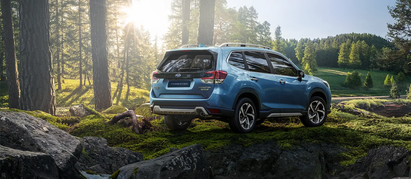 Subaru Forester camioneta SUV híbrida en bosque.